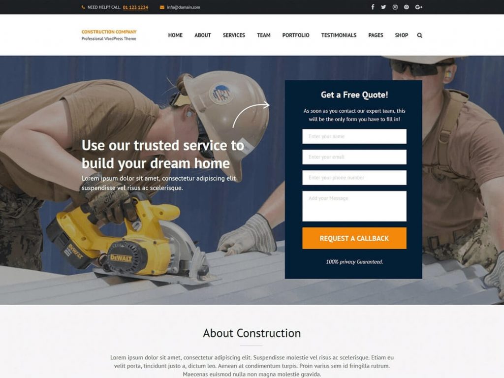 Construction Company Free WordPress Theme | FreeThemesHub